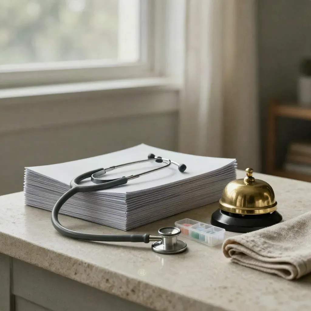 Home-care handoff kit on pale stone with chart sleeves, stethoscope, pill organizer and bell.