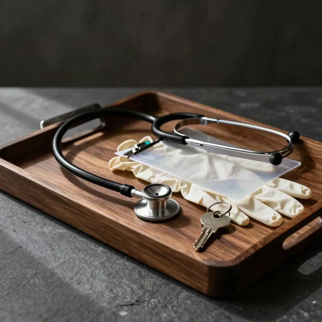 Home-care nurse kit with stethoscope, gloves, chart sleeve and keys on dark walnut.