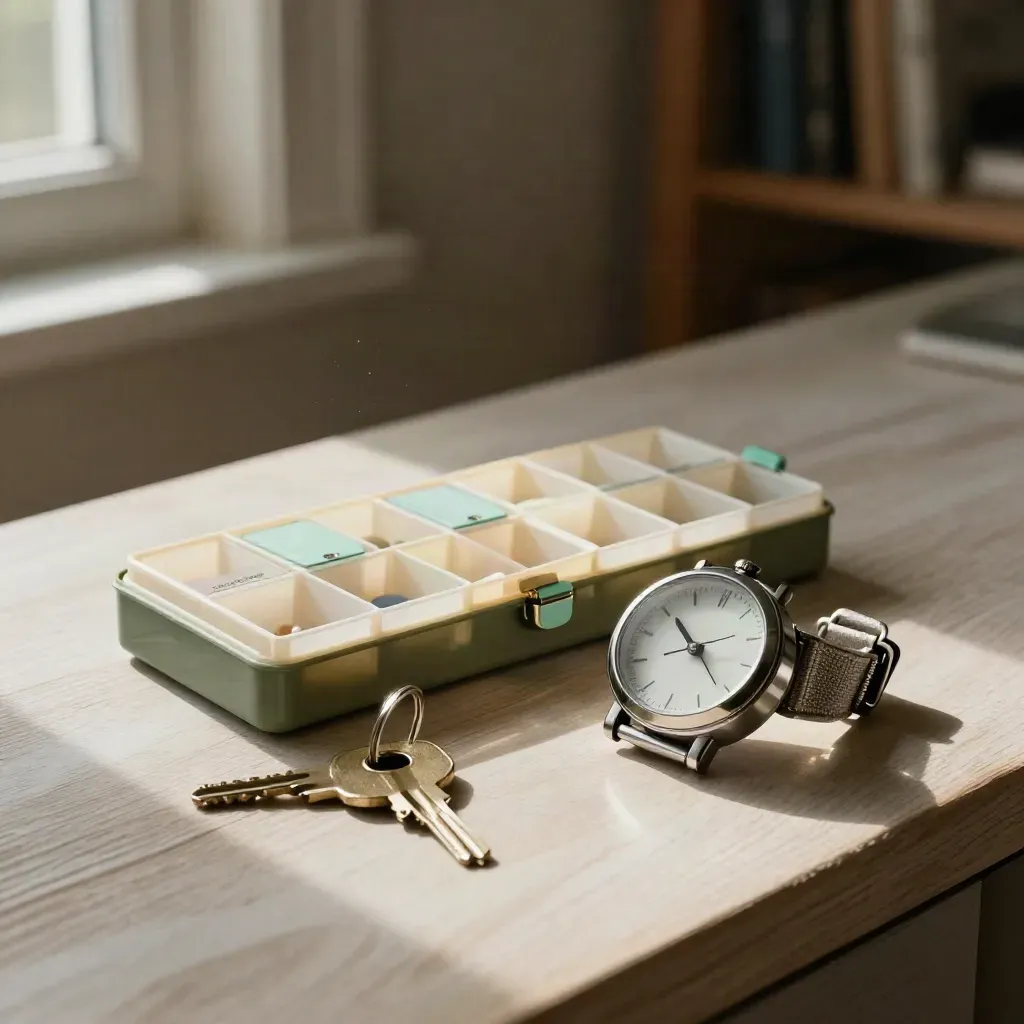 Open pill caddy, keys, and wrist timer on pale wood in soft daylight