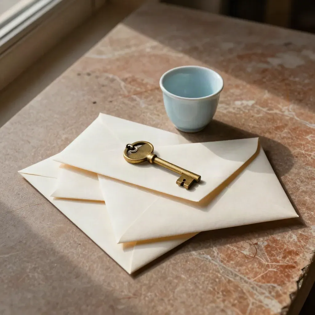 Sealed envelopes, brass key, and medicine cup on brushed stone in soft directional light.